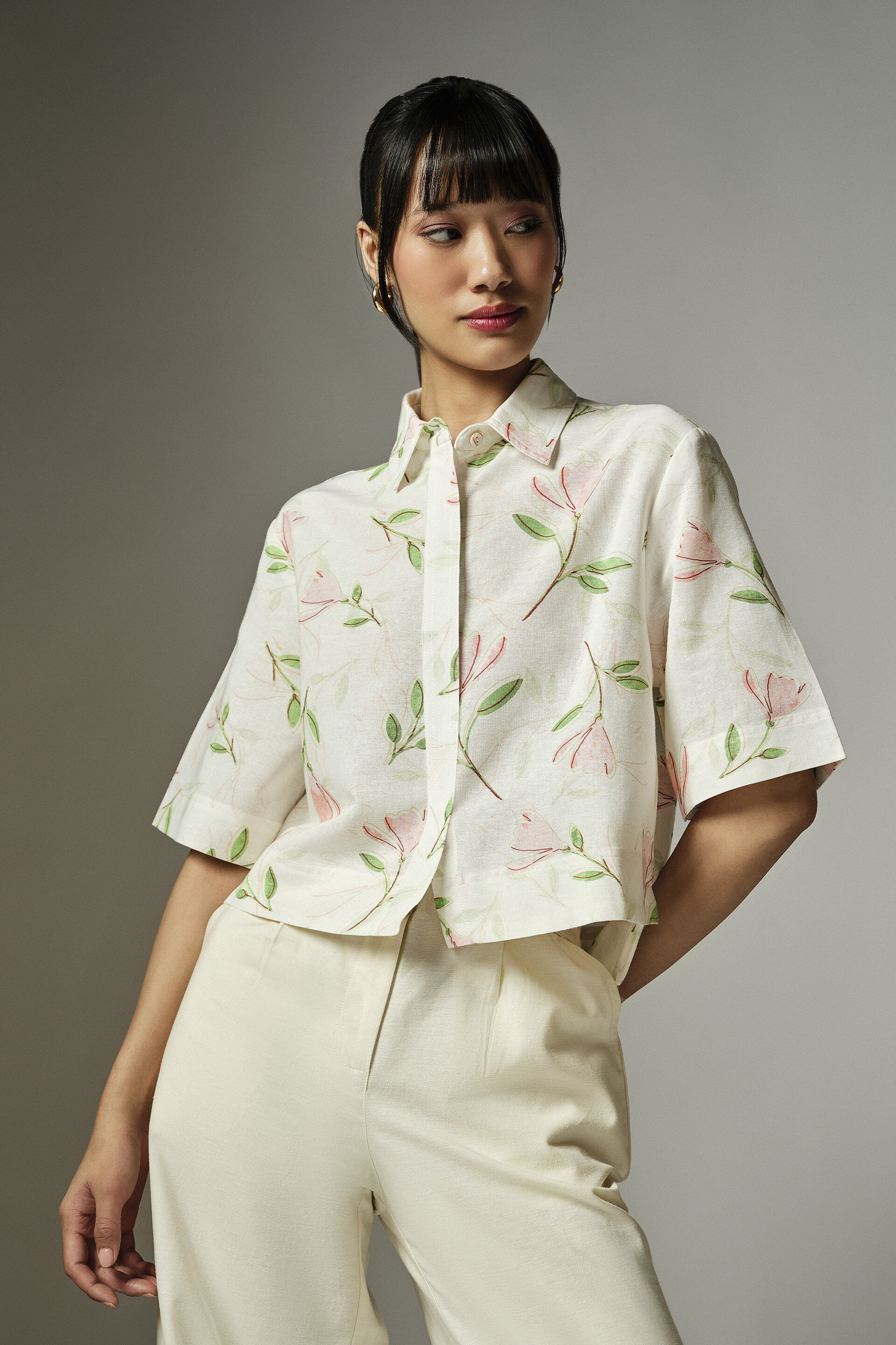 Floral White Cropped Shirt, Pink, image 2